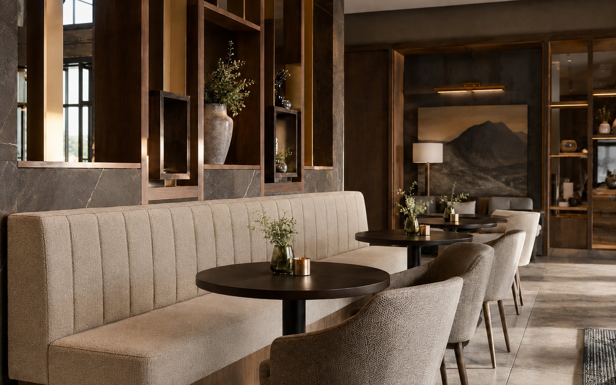 Długa tapicerowana loża w jasnej tkaninie ustawiona przy stolikach w eleganckiej restauracji