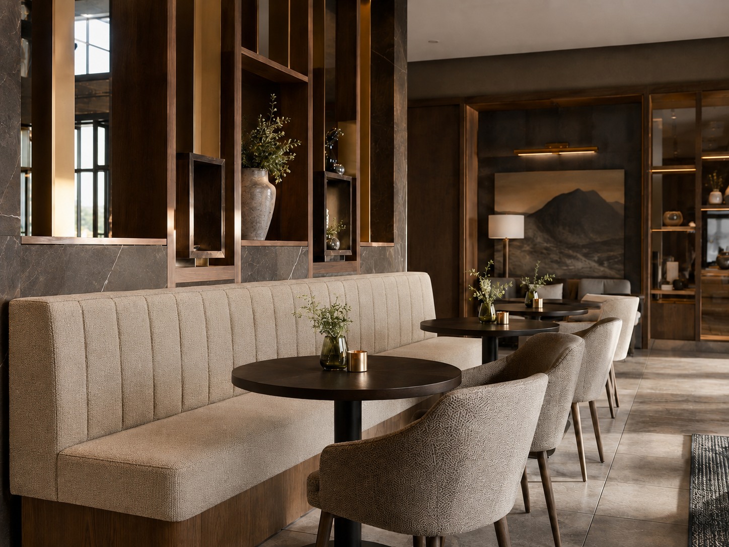 Długa tapicerowana loża w jasnej tkaninie ustawiona przy stolikach w eleganckiej restauracji