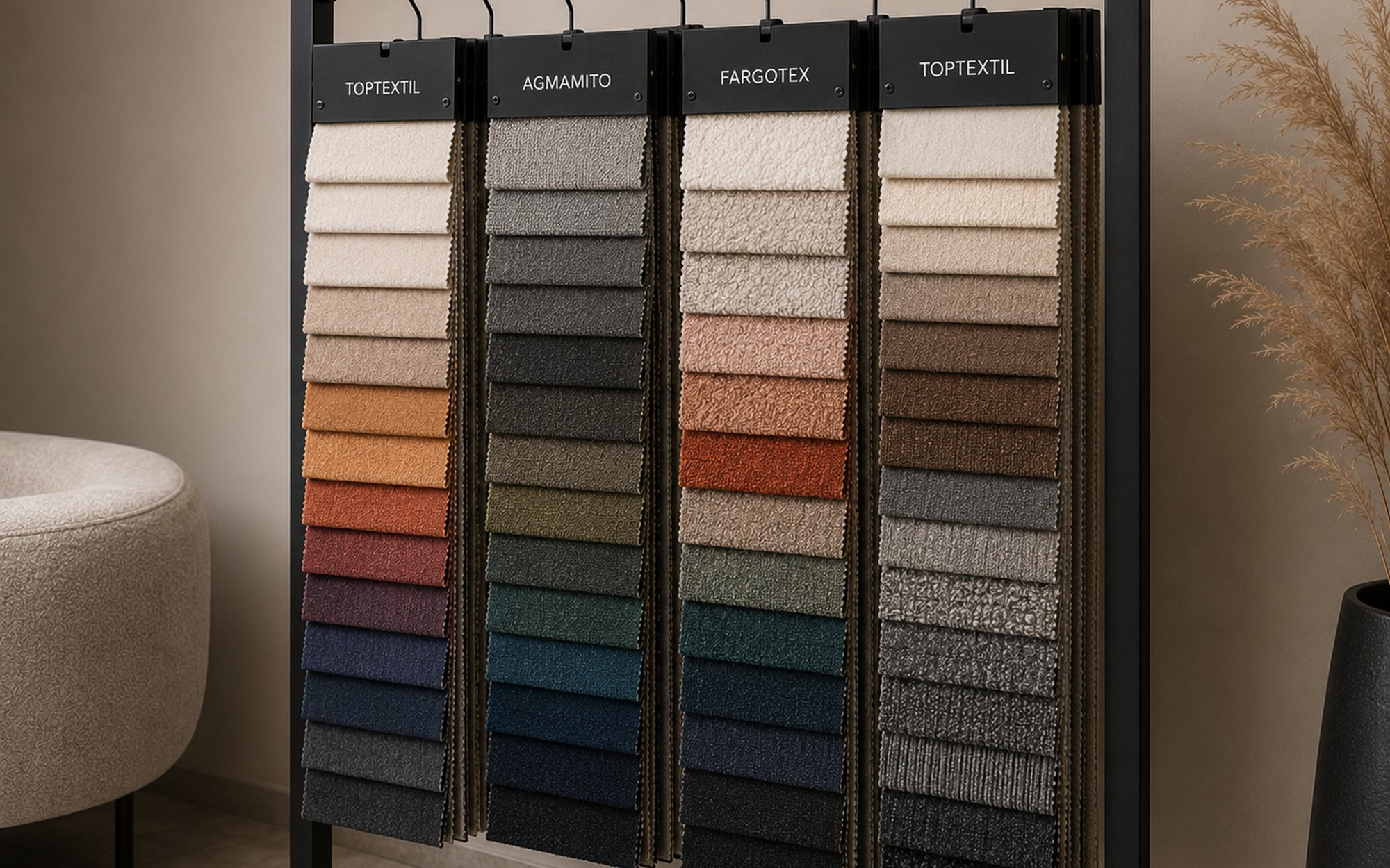 Stojak z czterema wzornikami tkanin tapicerskich Toptextil, Agmamito i Fargotex w szerokiej gamie kolorów i faktur