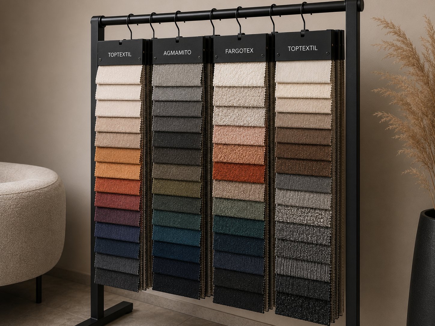 Stojak z czterema wzornikami tkanin tapicerskich Toptextil, Agmamito i Fargotex w szerokiej gamie kolorów i faktur